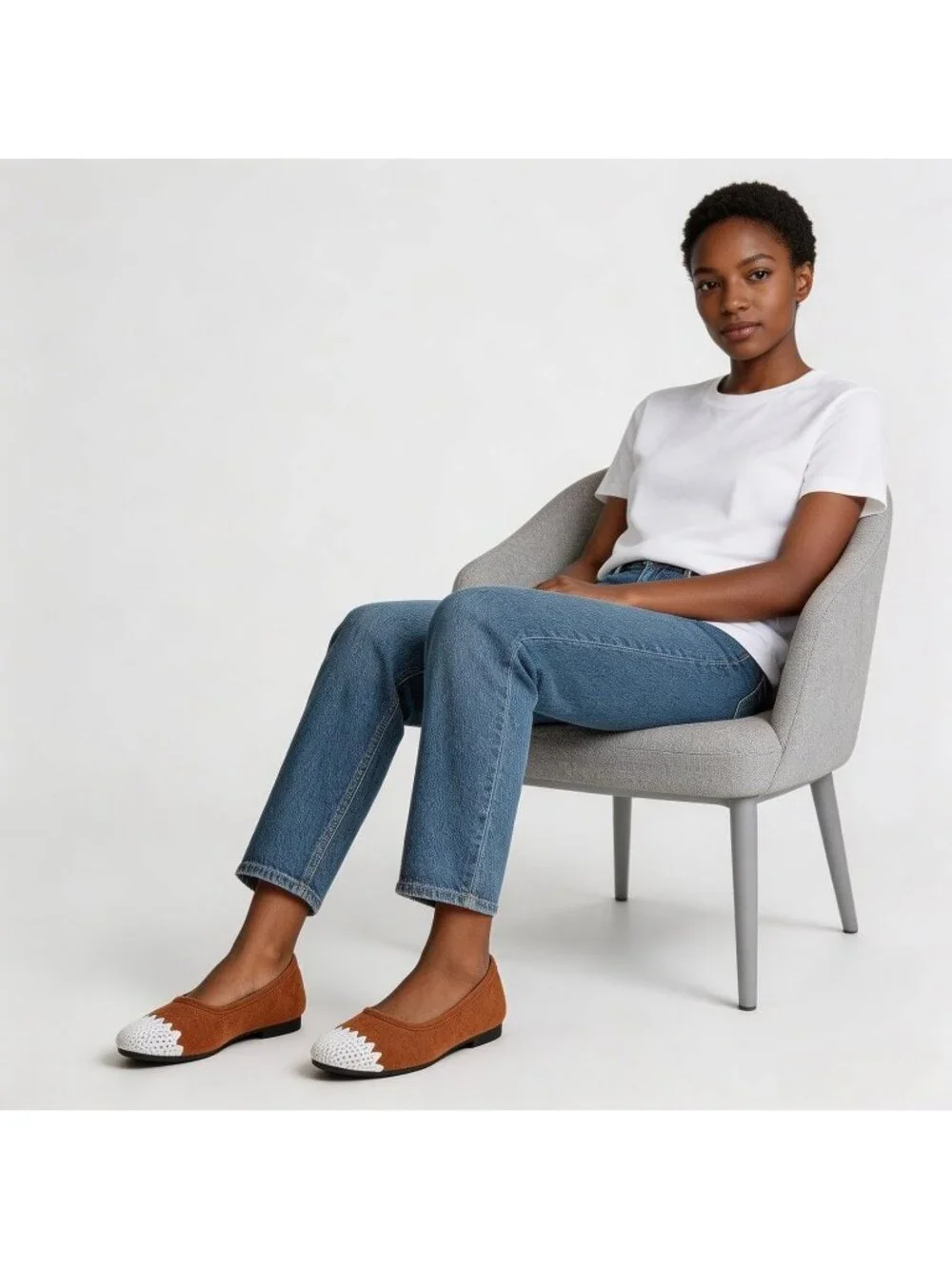 Women's Brown Scalloped PU Leather Comfortable Ballet Flats Slip on Casual Shoes